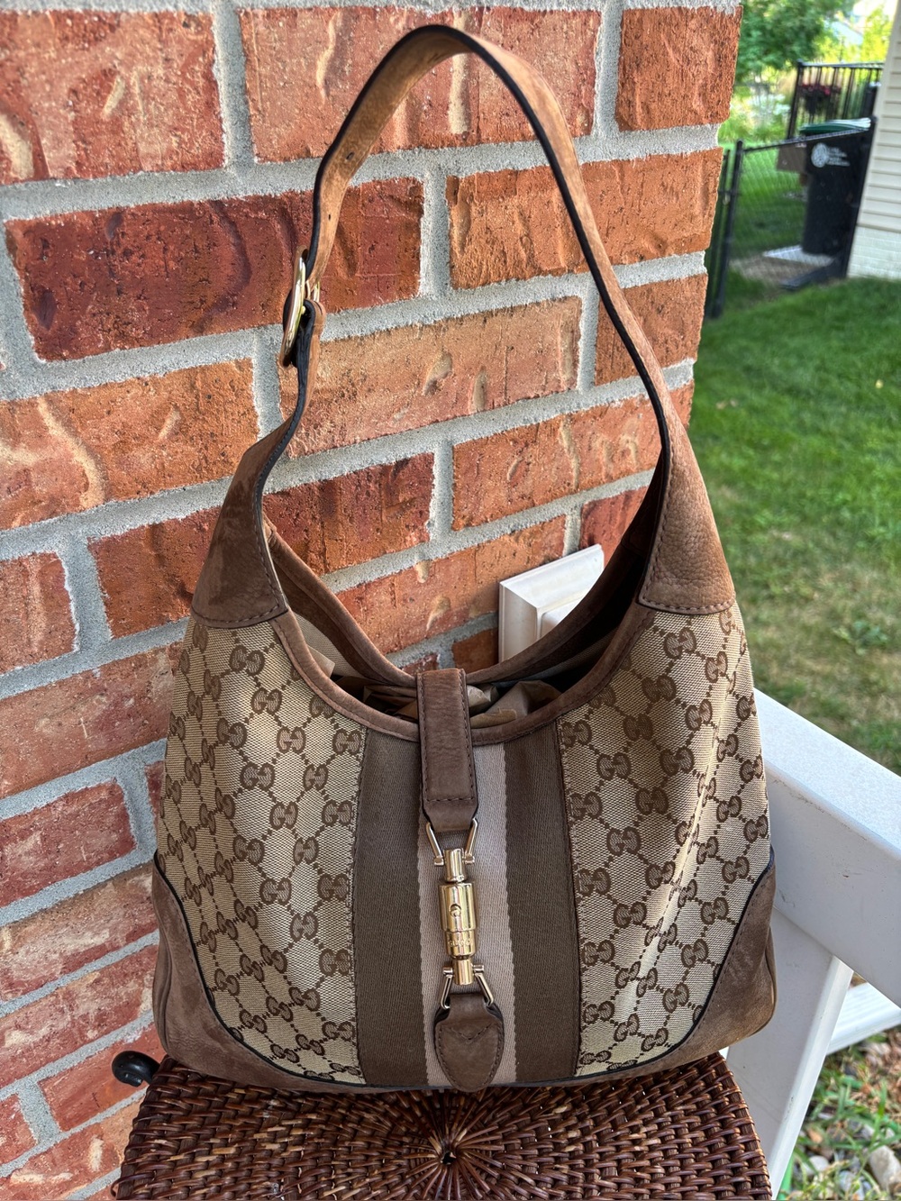 Authentic Gucci Jackie GG Canvas Leather Hobo Shoulder Bag Beige Brown Italy